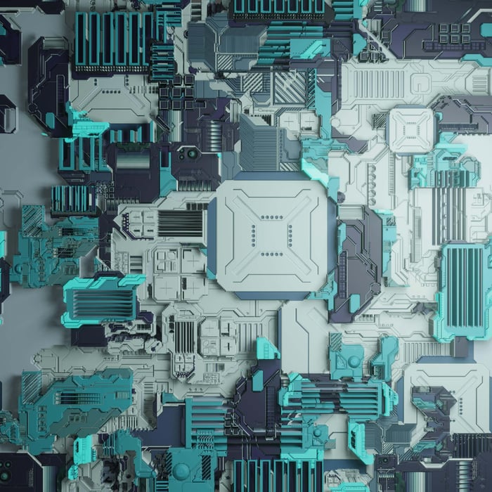Intricate futuristic circuit board with geometric patterns in teal and gray tones.
