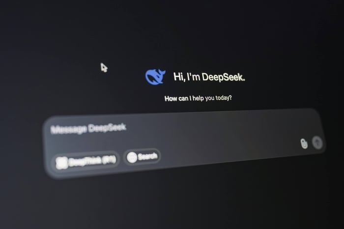 A detailed view of the DeepSeek AI interface, displaying a welcoming message on a dark background.